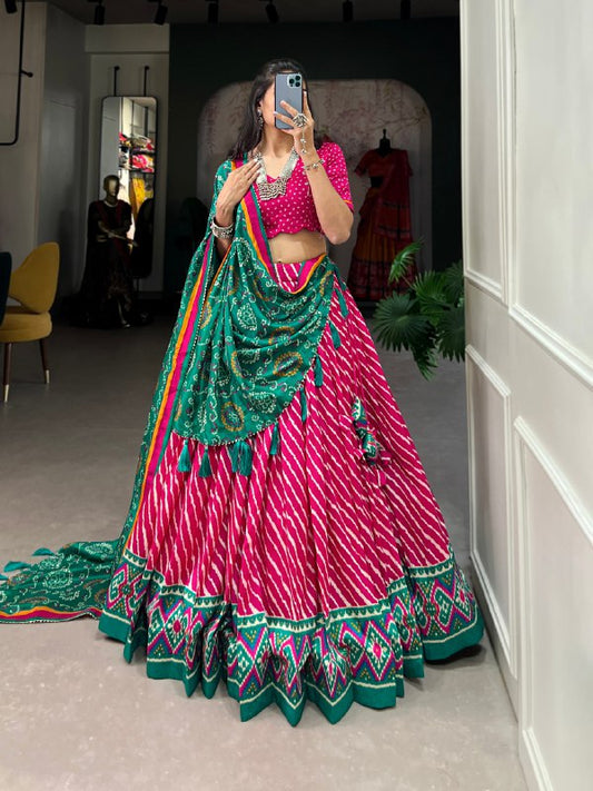 Pink Tussar Silk Lehenga Choli With Leheriya Print, Patola Border & Bandhani Dupatta By WTW