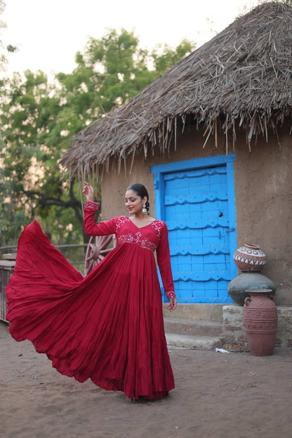 Maroon Rayon Fully Flared Mirror Worked Designer Navratri Gown By WTW