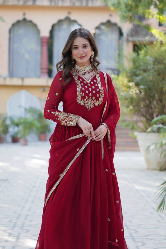 Maroon Zari Embroidered Georgette Gown With Dupatta By WTW