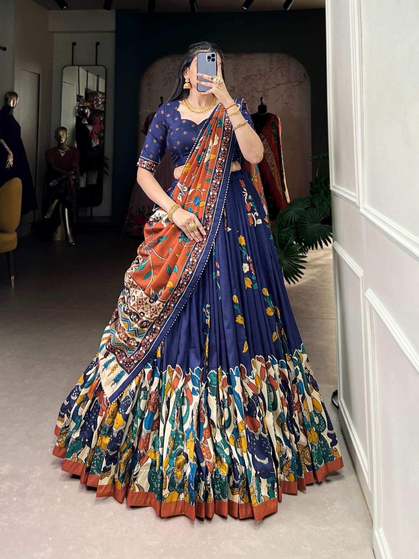 Navy Blue Color Tussar Silk Kalamkari Printed Lehenga Choli For Party By WTW