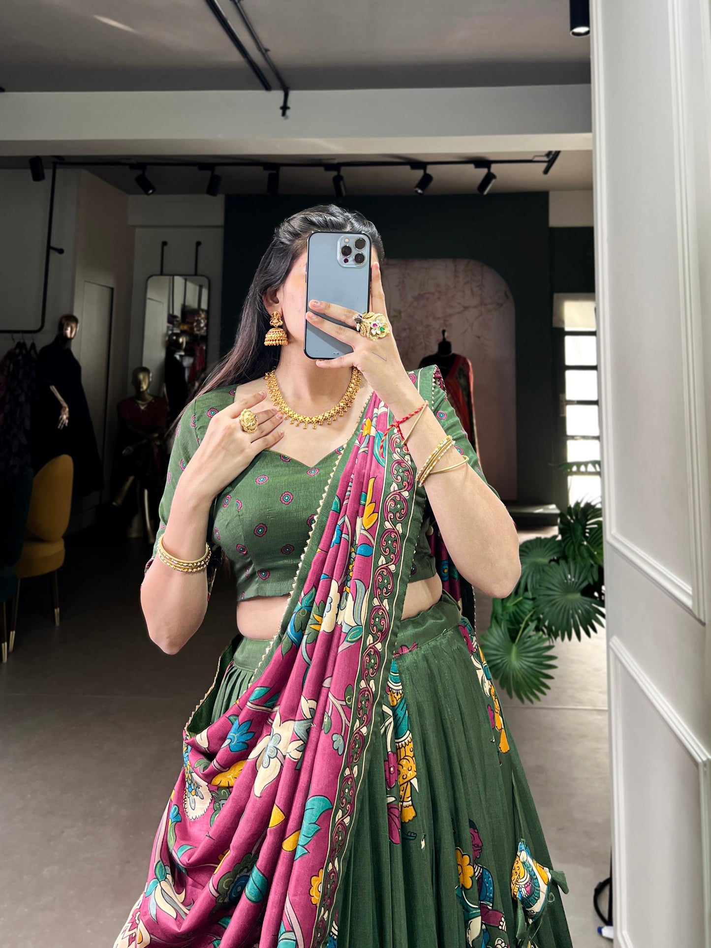 Tussar Silk Kalamkari Print And Foil Work Border Lehenga Choli By WTW