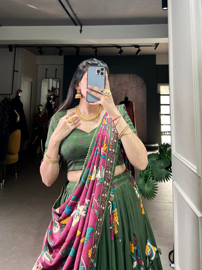 Tussar Silk Kalamkari Print And Foil Work Border Lehenga Choli By WTW