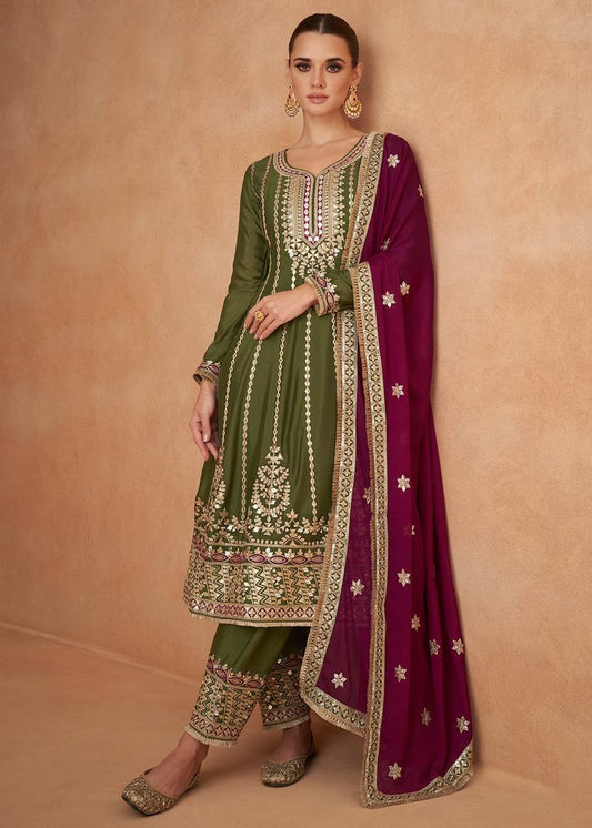 Olive Green Embroidered Chinon Suit Set With Dupatta By WTW