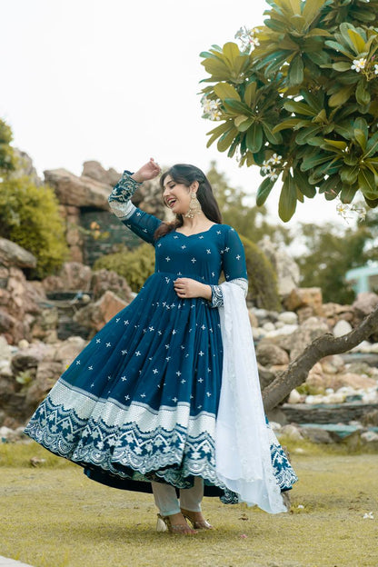 Beautiful Georgette Embroidery Work Blue Gown By WTW