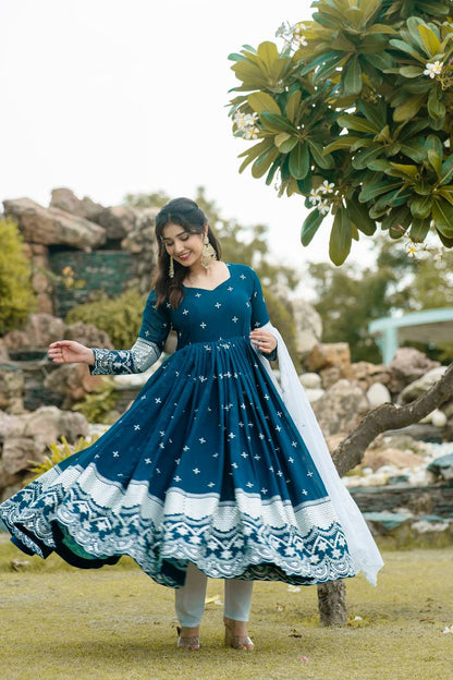 Beautiful Georgette Embroidery Work Blue Gown By WTW