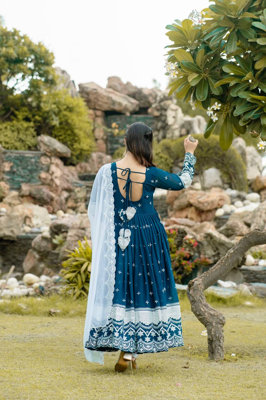 Beautiful Georgette Embroidery Work Blue Gown By WTW