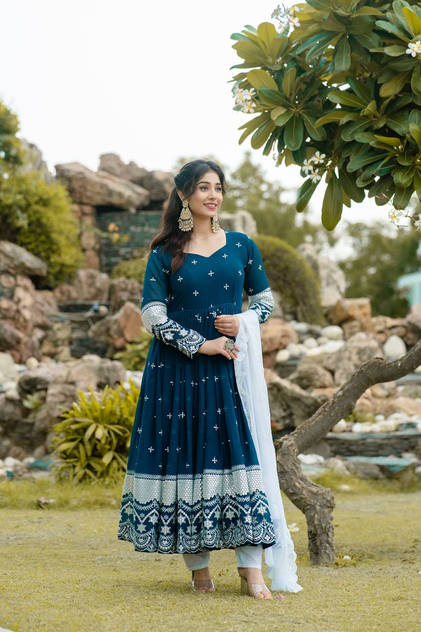 Beautiful Georgette Embroidery Work Blue Gown By WTW