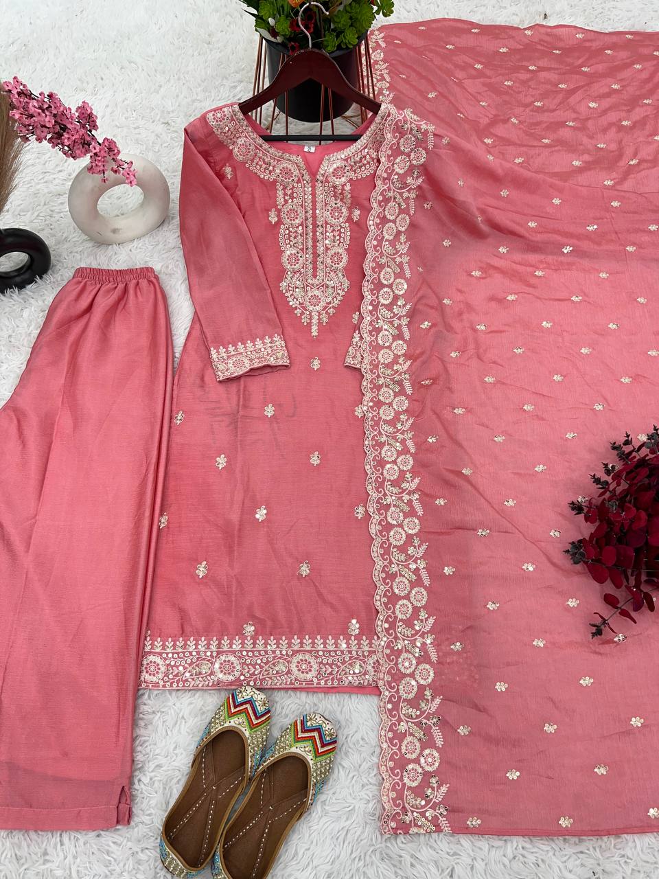 Pretty Pink Chinnon Silk Embroidery Sequence Salwar Suit By WTW