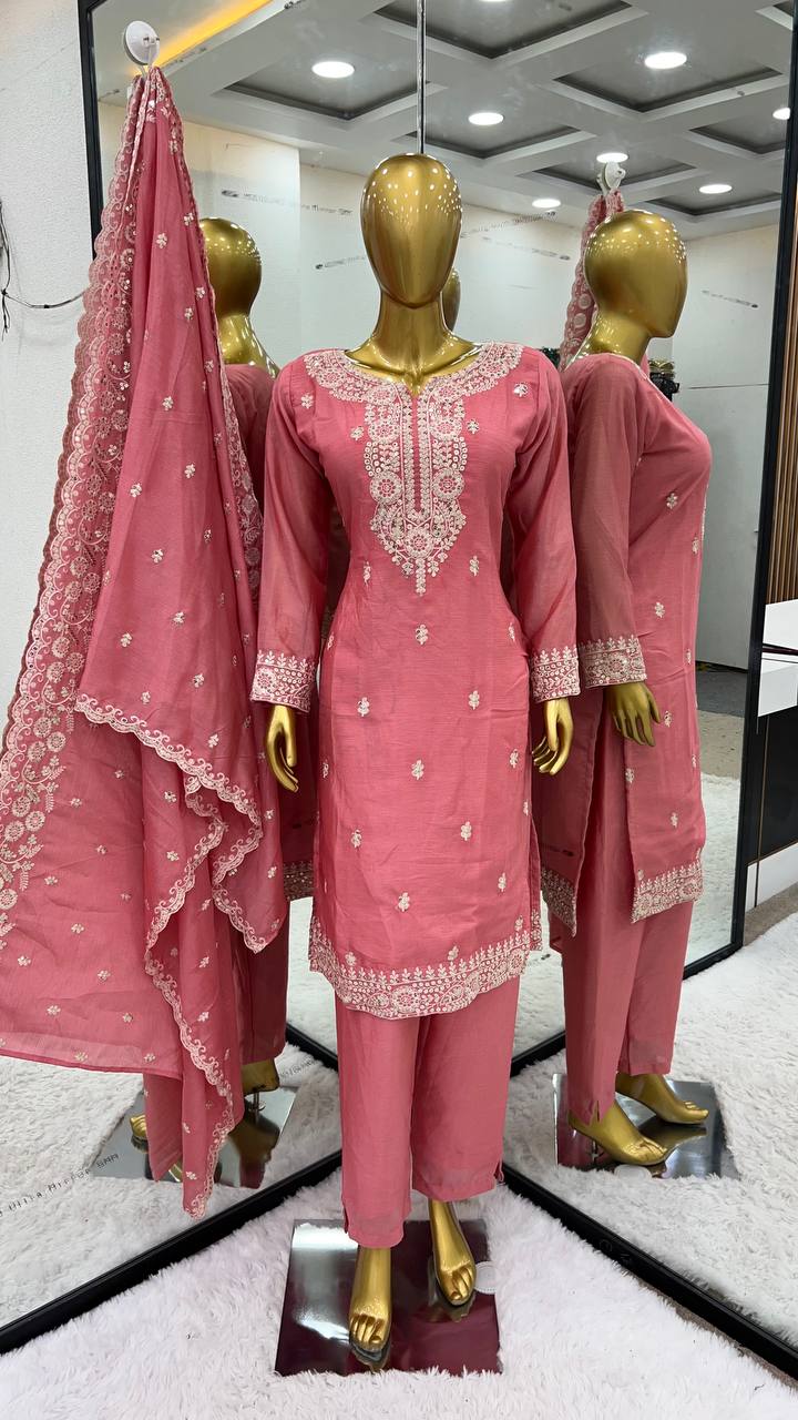 Pretty Pink Chinnon Silk Embroidery Sequence Salwar Suit By WTW