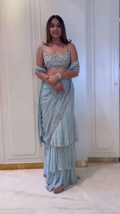 Presenting Foux Gorgette Sequence Work Light Blue Color Reday To Wear Lehengha Saree By WTW