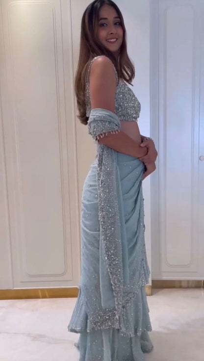 Presenting Foux Gorgette Sequence Work Light Blue Color Reday To Wear Lehengha Saree By WTW