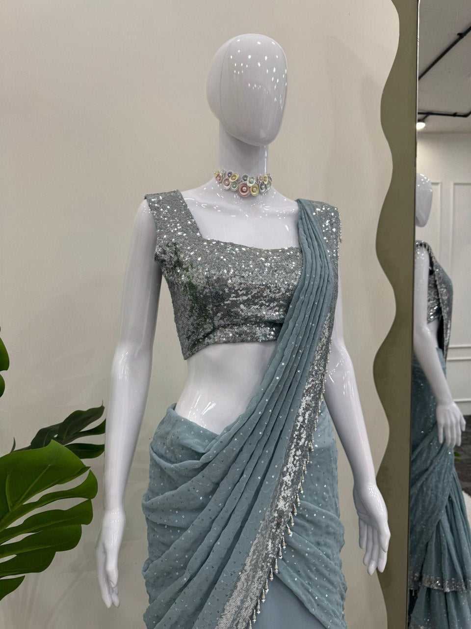 Presenting Foux Gorgette Sequence Work Light Blue Color Reday To Wear Lehengha Saree By WTW