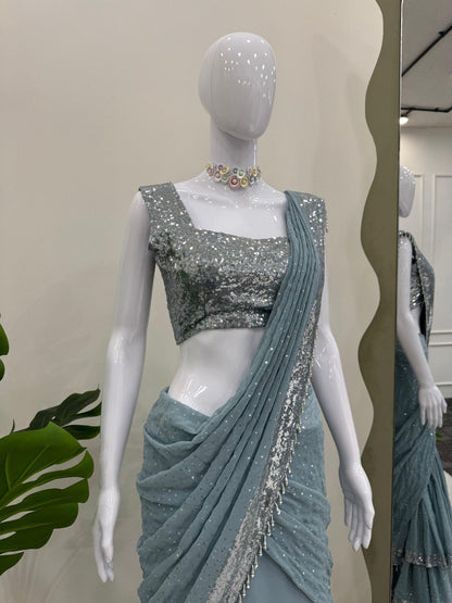 Presenting Foux Gorgette Sequence Work Light Blue Color Reday To Wear Lehengha Saree By WTW