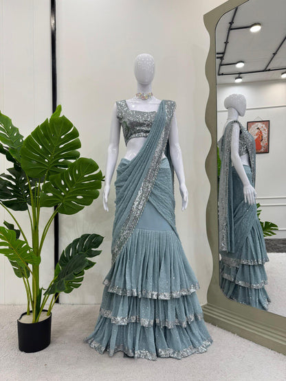 Presenting Foux Gorgette Sequence Work Light Blue Color Reday To Wear Lehengha Saree By WTW