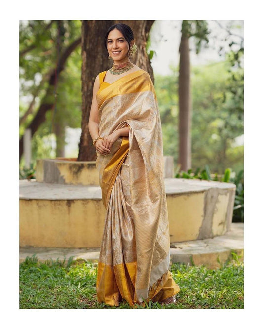 Fancy Golden Color Soft Lichi Silk Cloth Beautiful Rich Pallu Saree By WTW