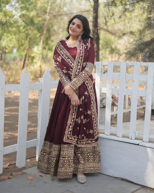 Dark Maroon Heavy Gold Embroidered Anarkali Kurta Set By WTW