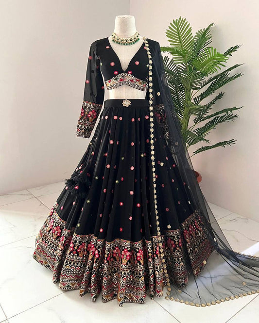 Wonderful Thread Sequence Work Black Color Lehenga Choli By WTW