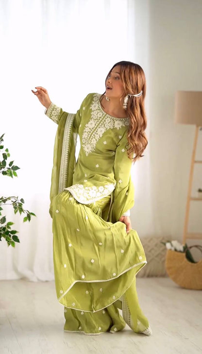 Classis Green Color Chinnon Silk Embroidery Work Salwar Suit By WTW