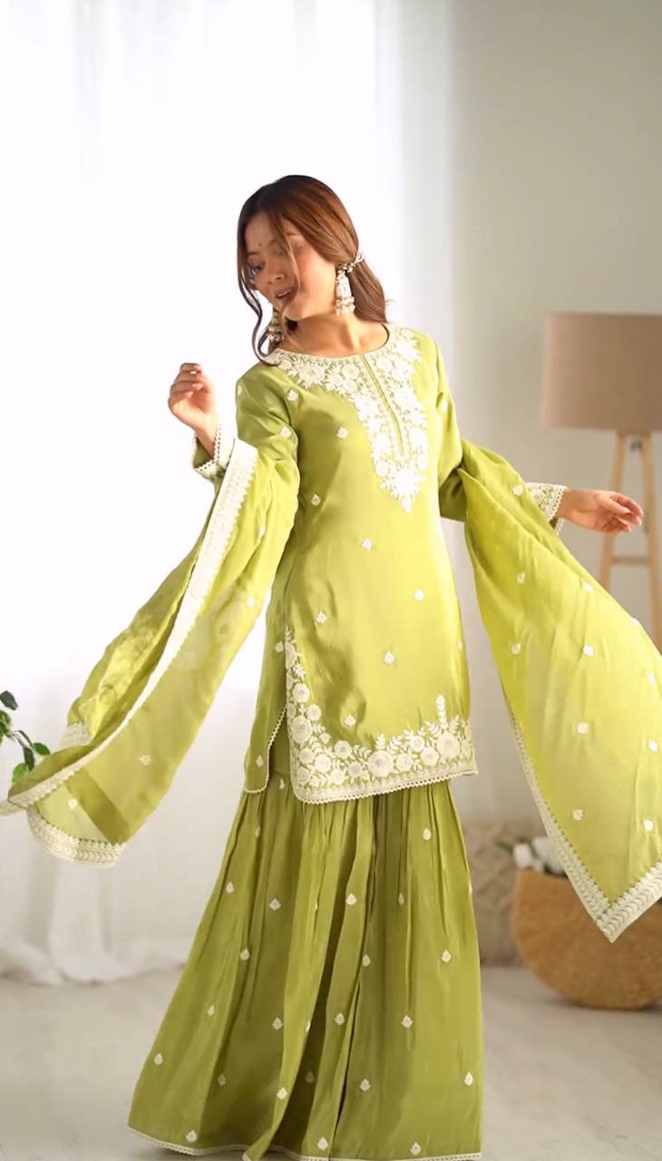 Classis Green Color Chinnon Silk Embroidery Work Salwar Suit By WTW