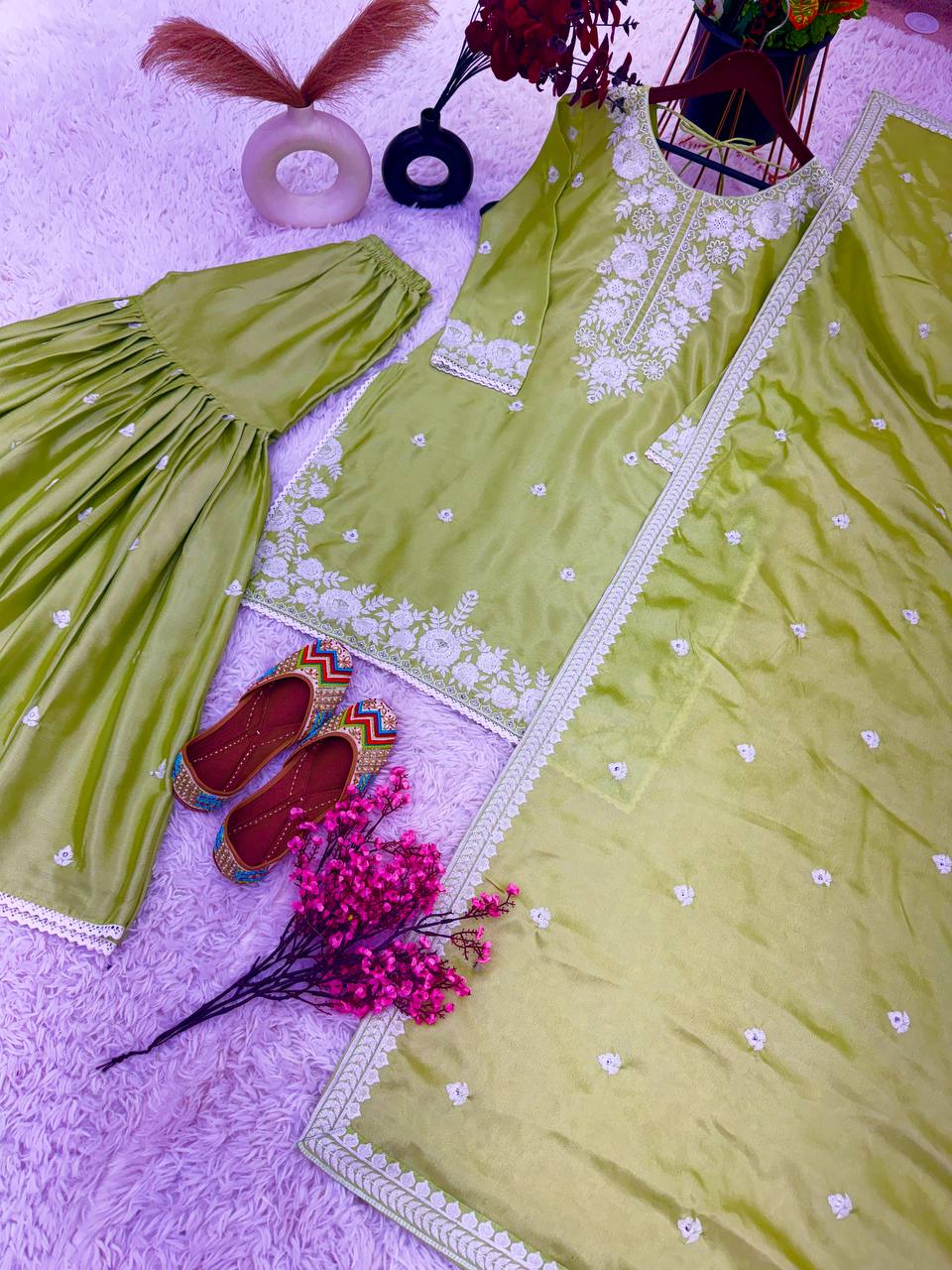 Classis Green Color Chinnon Silk Embroidery Work Salwar Suit By WTW