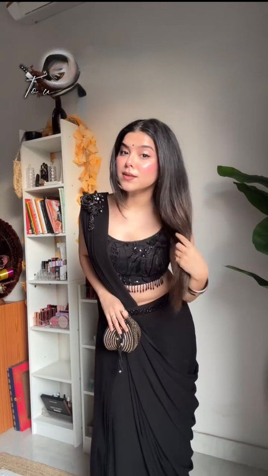 Black Satin Hand Embroidery Bead Kalamkari Printed Saree By WTW