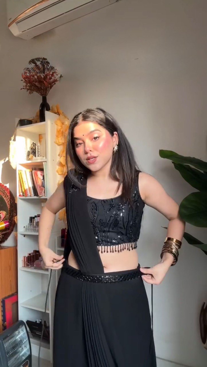 Black Satin Hand Embroidery Bead Kalamkari Printed Saree By WTW