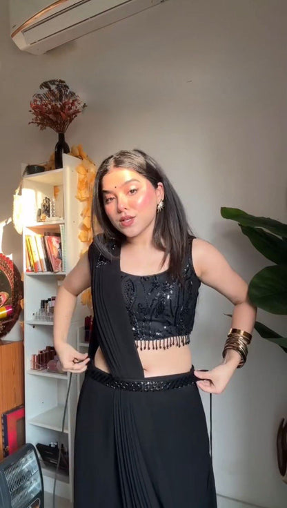 Black Satin Hand Embroidery Bead Kalamkari Printed Saree By WTW