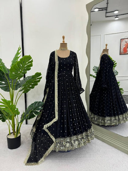 Black Faux Georgette Thread Sequence Work Gown With Dupatta By WTW