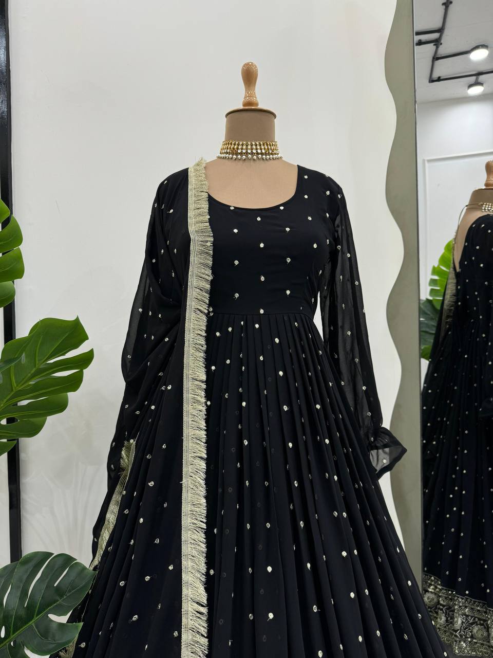 Black Faux Georgette Thread Sequence Work Gown With Dupatta By WTW