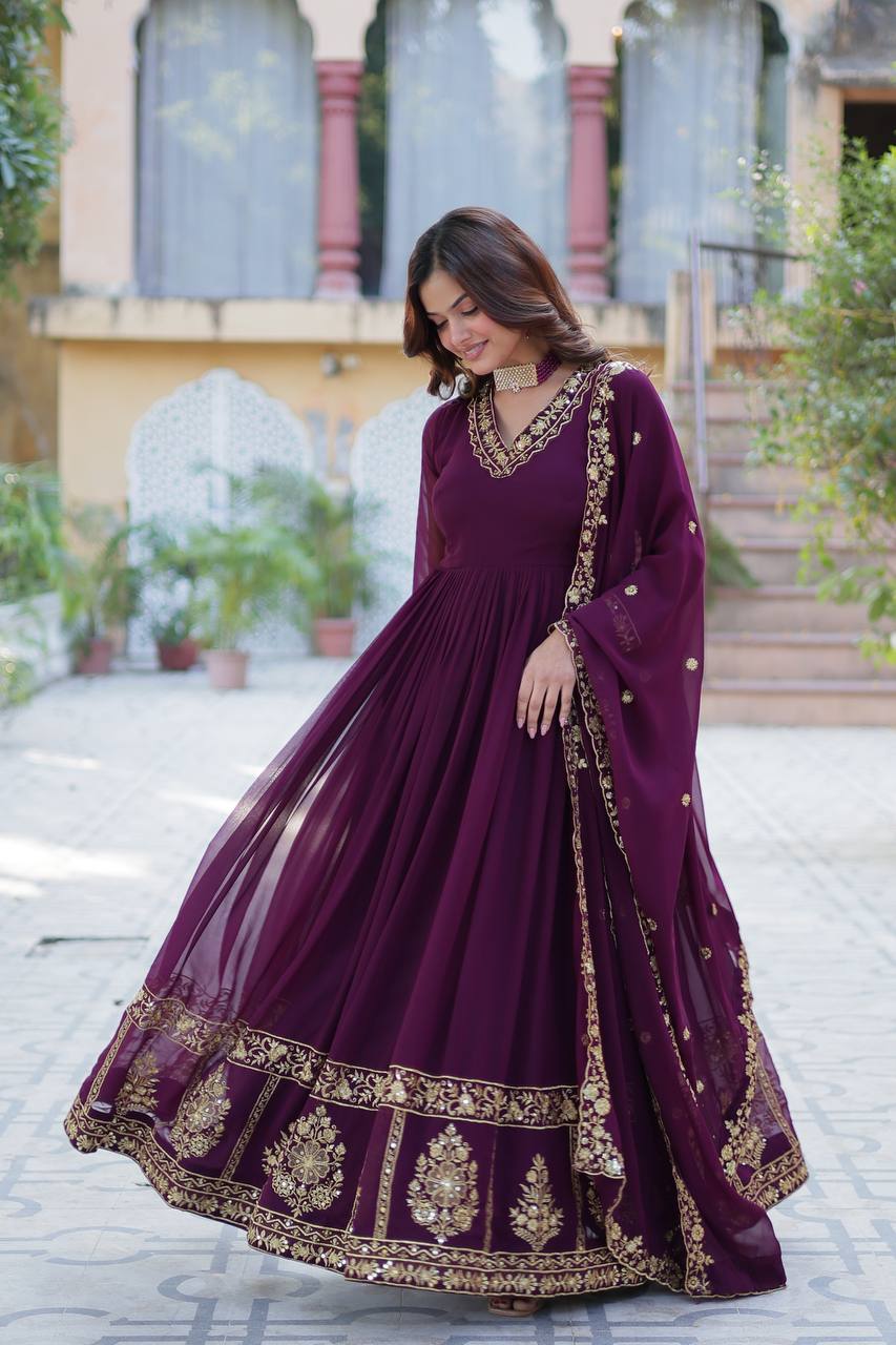 Dark Purple Elegant Faux Blooming Embroidered Gown With Dupatta By WTW