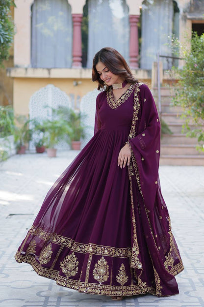 Dark Purple Elegant Faux Blooming Embroidered Gown With Dupatta By WTW