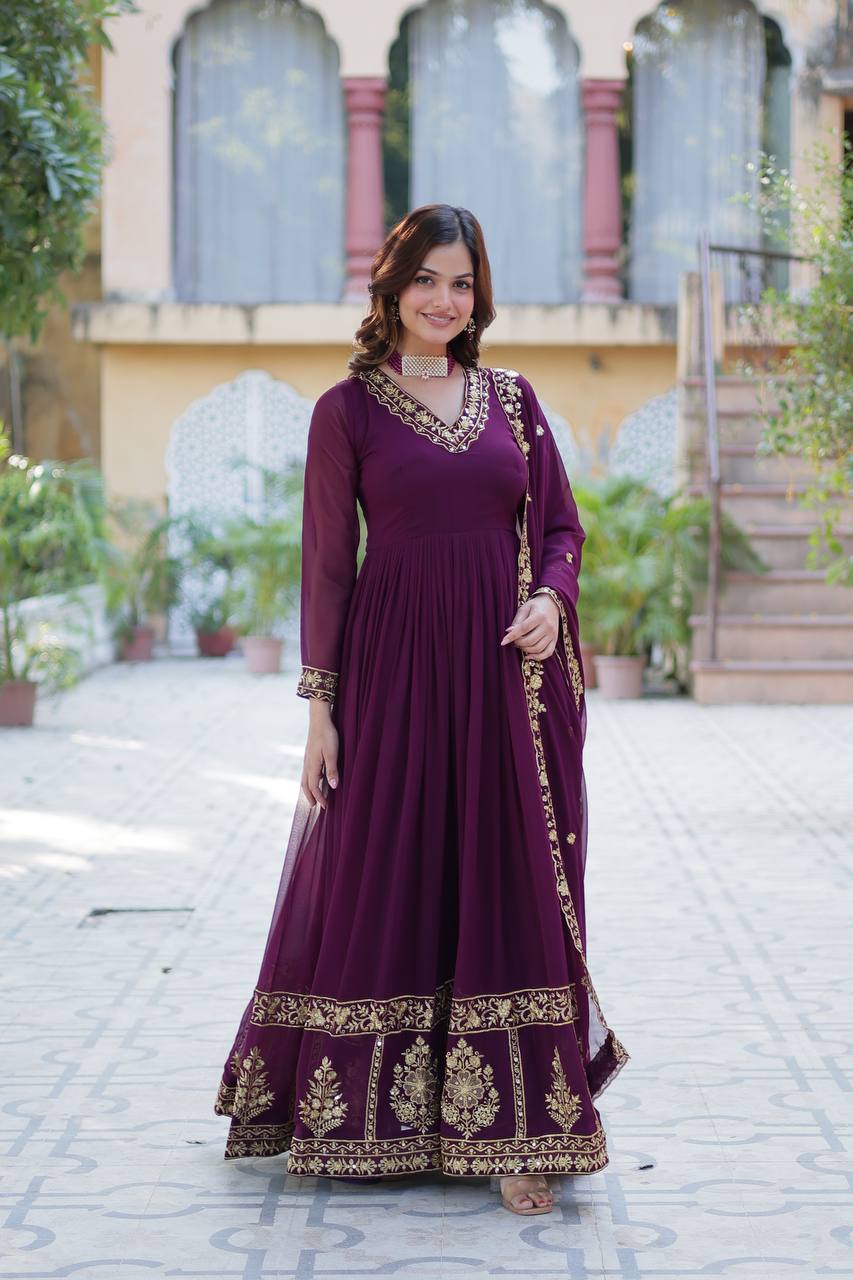 Dark Purple Elegant Faux Blooming Embroidered Gown With Dupatta By WTW