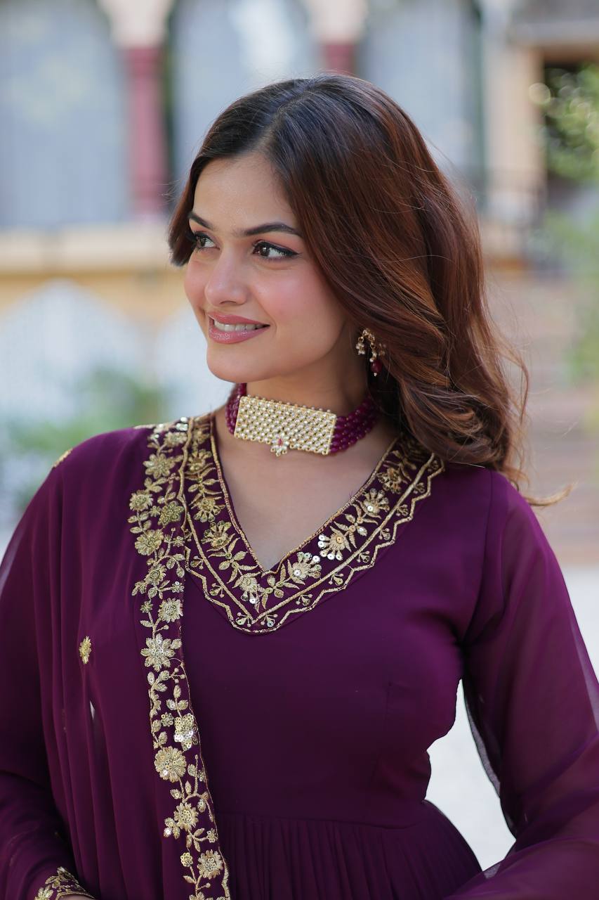 Dark Purple Elegant Faux Blooming Embroidered Gown With Dupatta By WTW