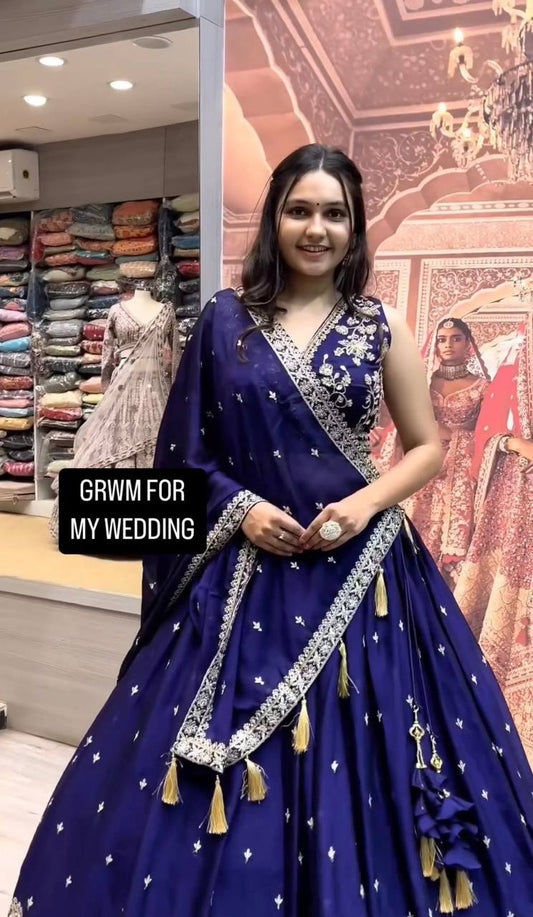 Blue Faux Georgette Thread Work Lehenga Choli By WTW