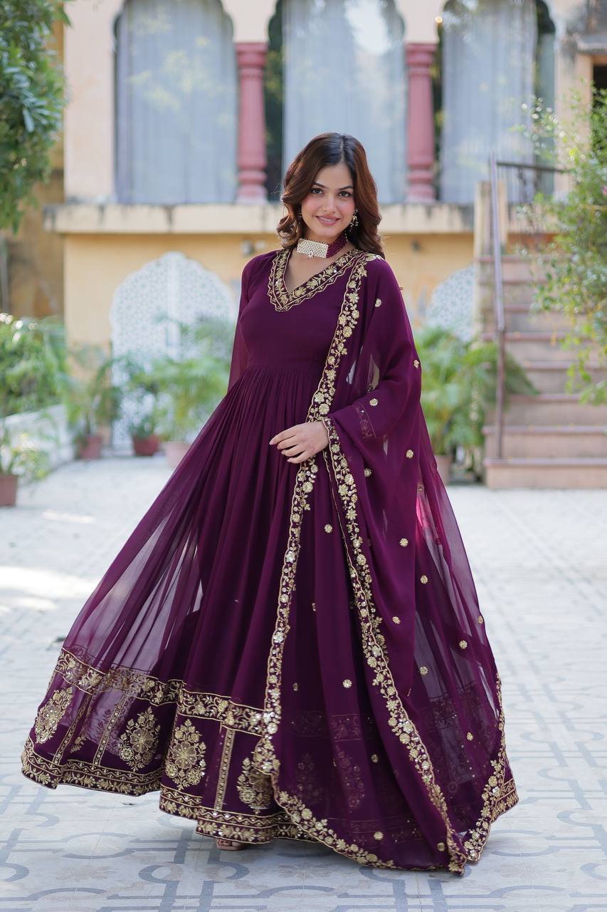 Dark Purple Elegant Faux Blooming Embroidered Gown With Dupatta By WTW