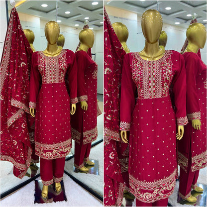 Splendorous Maroon Color Chinnon Coding Coding Salwar Suit By WTW