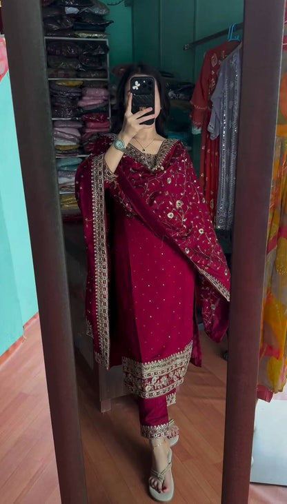 Splendorous Maroon Color Chinnon Coding Coding Salwar Suit By WTW