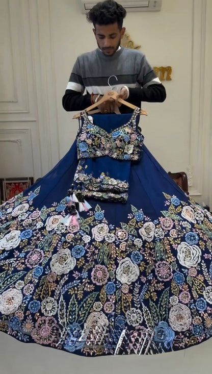 Blue Color Heavy Sequins Work Designer Georgette Trendy Lehenga Choli By WTW