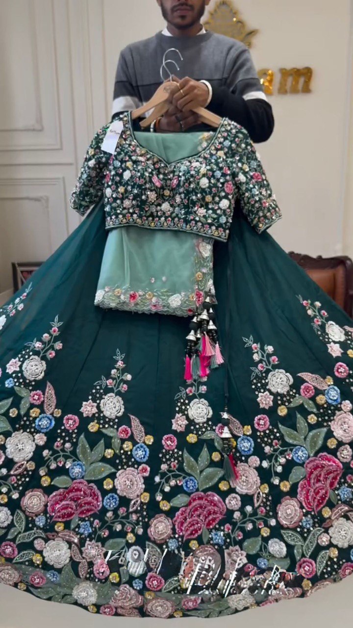 Wedding Wear Rama Color Georgette Heavy Embroidered Work Lehenga Choli By WTW