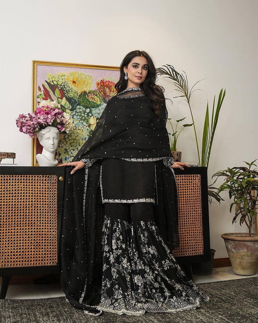 Black Faux Georgette Thread Work Sharara Suit With Dupatta By WTW