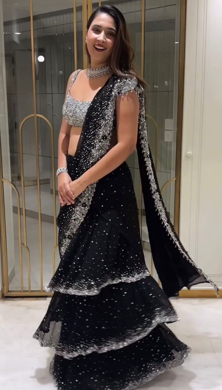 Black Satin Hand Embroidery Saree By WTW