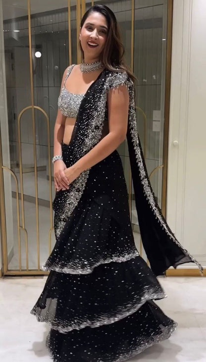 Black Satin Hand Embroidery Saree By WTW