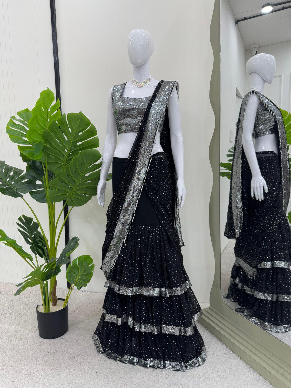 Black Satin Hand Embroidery Saree By WTW