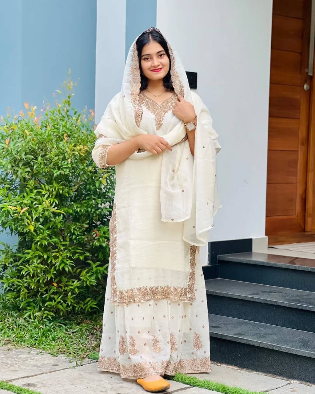 White Salwar Suit With Sequence Embroidery In Crunchy Silk With Dupatta By WTW