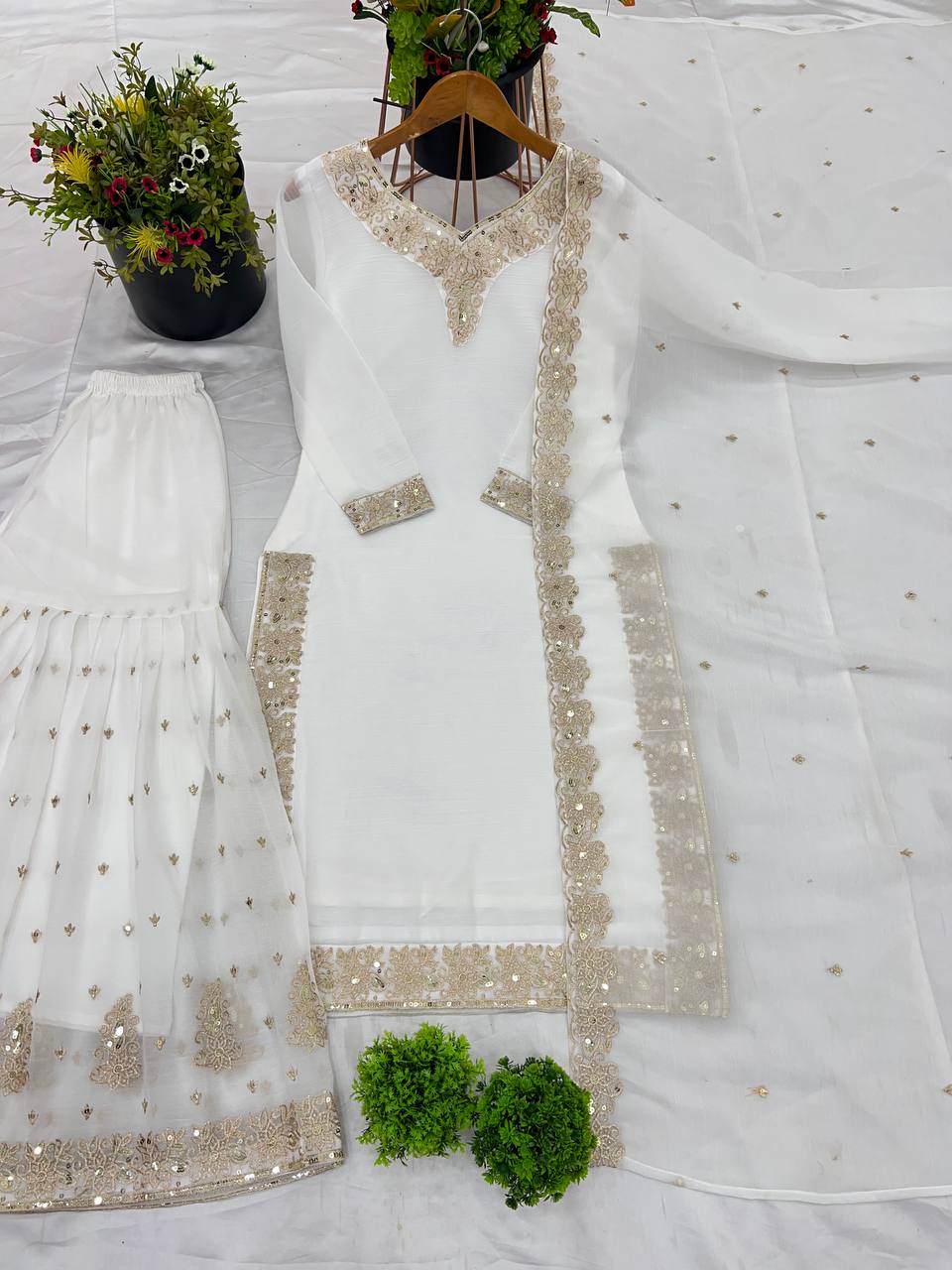 White Salwar Suit With Sequence Embroidery In Crunchy Silk With Dupatta By WTW