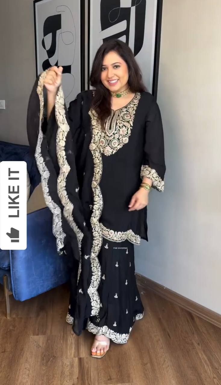 Beautiful Pure Chinnon Silk Sharara Set By WTW