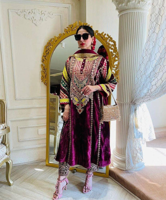 Superb Purple Color Velvet Coadding Sequence Work Salwar Suit By WTW
