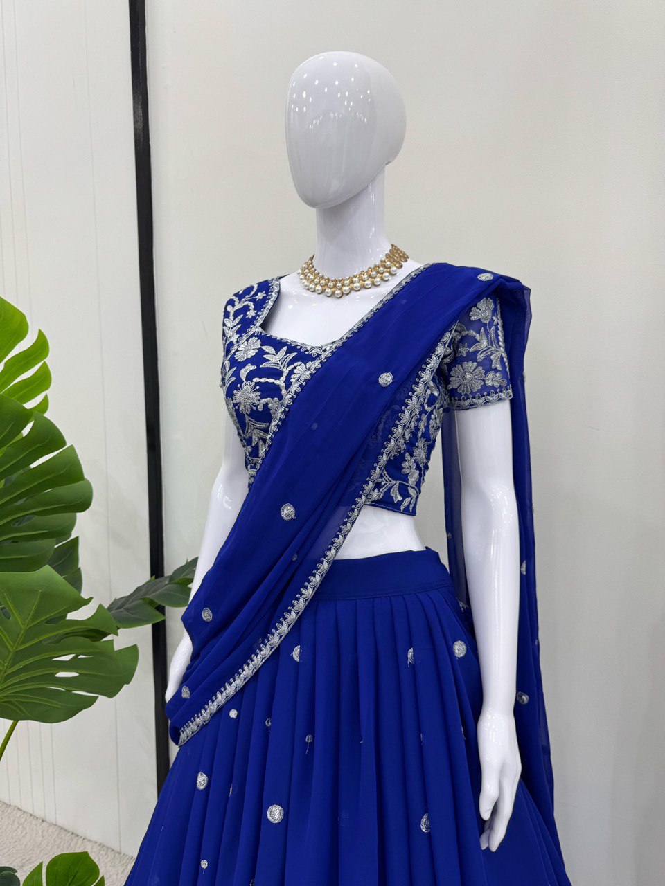 Royal Blue Georgette Thread With Sequence Ready To Wear Ruffle Lehenga Saree By WTW