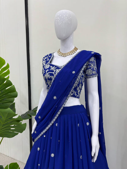 Royal Blue Georgette Thread With Sequence Ready To Wear Ruffle Lehenga Saree By WTW