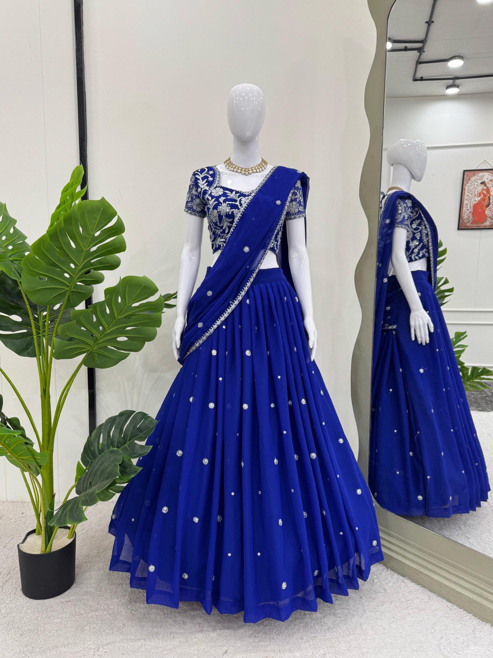 Royal Blue Georgette Thread With Sequence Ready To Wear Ruffle Lehenga Saree By WTW